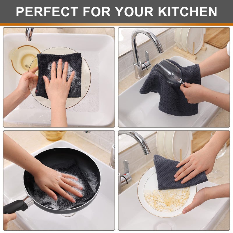 Kitinjoy 100% Cotton Kitchen Dish Cloths  6 Pack Waffle Weave Ultra Soft Absorbent Dish Towels for Drying Dishes Quick Drying Kitchen Towels Dish Rags  12 X 12 Inches  Dark Grey - Image 4