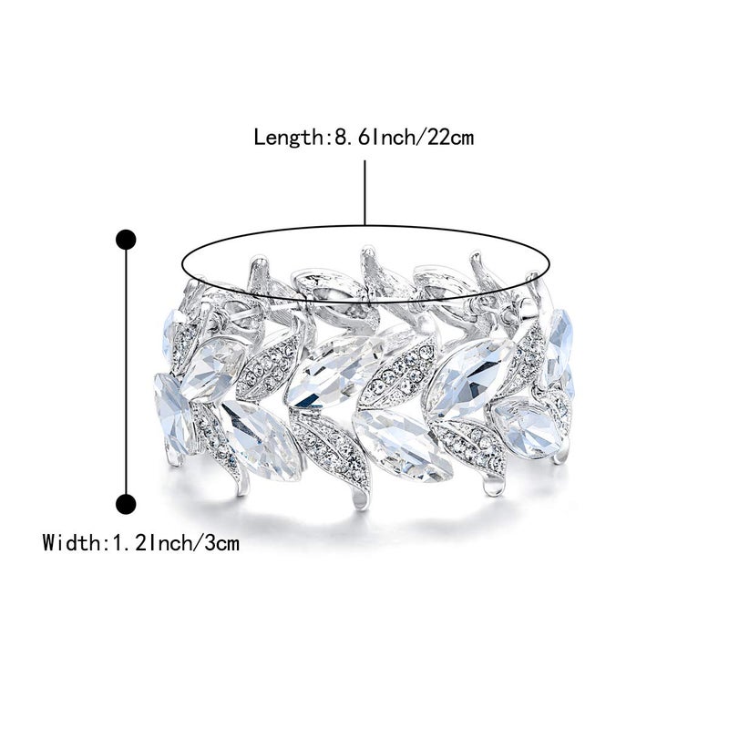 BriLove Wedding Bridal Bracelet for Women Bride Marquise-Shape Leaf Stretch Bangle Bracelets for Party Prom Clear Silver-Tone - Image 5