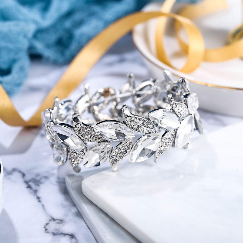BriLove Wedding Bridal Bracelet for Women Bride Marquise-Shape Leaf Stretch Bangle Bracelets for Party Prom Clear Silver-Tone - Image 4
