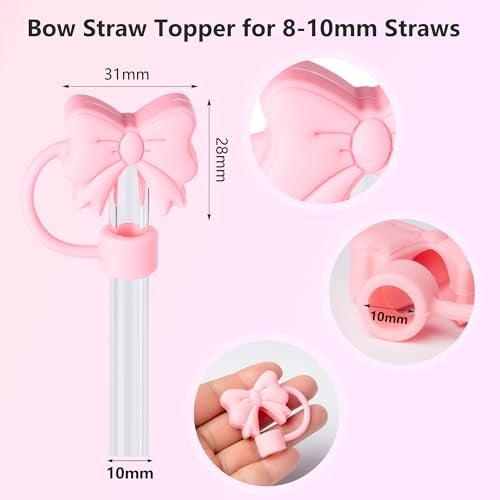 linmaya 6PCS Bow Straw Toppers, Cute Straws Covers for Stanley 30&40 Oz Tumbler with Handle, 10mm Dust-Proof Drinking Straw Dispensers Straw Topper Cap for Girls Kids (Pink Blue Purple) - Image 3