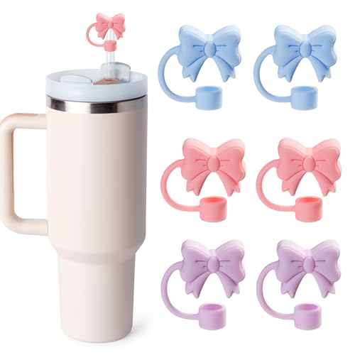 linmaya 6PCS Bow Straw Toppers, Cute Straws Covers for Stanley 30&40 Oz Tumbler with Handle, 10mm Dust-Proof Drinking Straw Dispensers Straw Topper Cap for Girls Kids (Pink Blue Purple) - Image 1