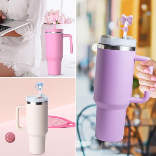 linmaya 6PCS Bow Straw Toppers, Cute Straws Covers for Stanley 30&40 Oz Tumbler with Handle, 10mm Dust-Proof Drinking Straw Dispensers Straw Topper Cap for Girls Kids (Pink Blue Purple) - Image 2