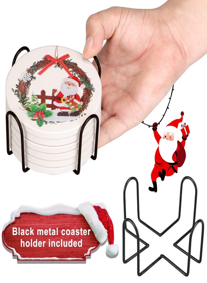 Dksyee 6 Pcs Ceramic Christmas Coasters with Holder Best Absorbent Coaster Gift Round Santa Coasters Vintage Table Coaster Set for Coffee Cup, Drink, Xmas Holiday - Image 3