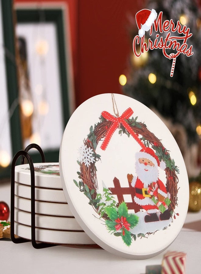 Dksyee 6 Pcs Ceramic Christmas Coasters with Holder Best Absorbent Coaster Gift Round Santa Coasters Vintage Table Coaster Set for Coffee Cup, Drink, Xmas Holiday - Image 4