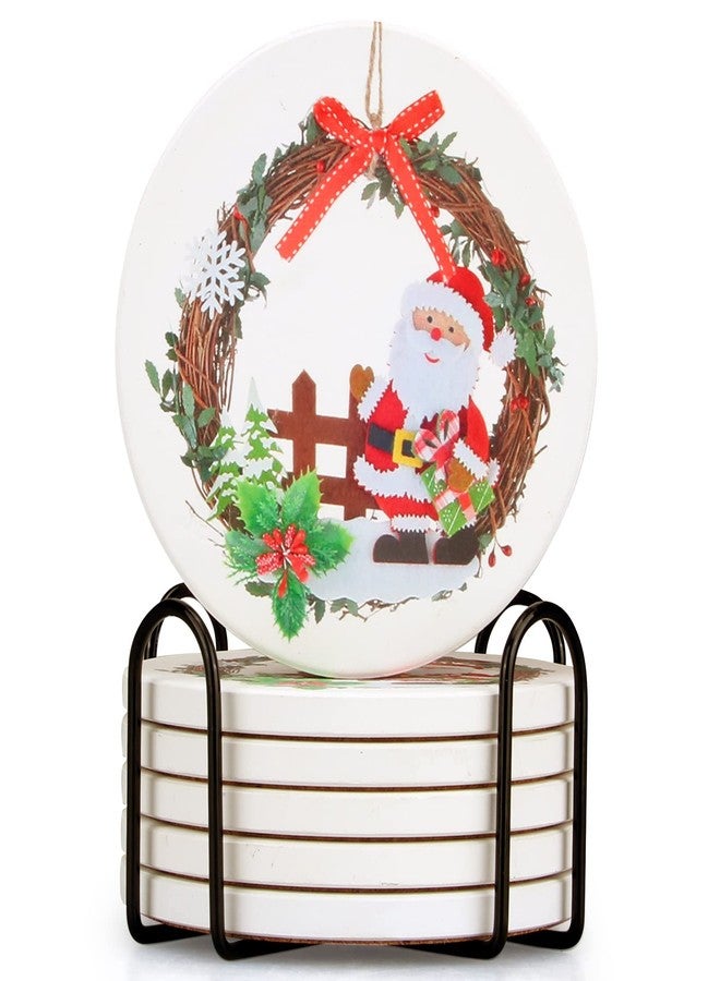 Dksyee 6 Pcs Ceramic Christmas Coasters with Holder Best Absorbent Coaster Gift Round Santa Coasters Vintage Table Coaster Set for Coffee Cup, Drink, Xmas Holiday - Image 1