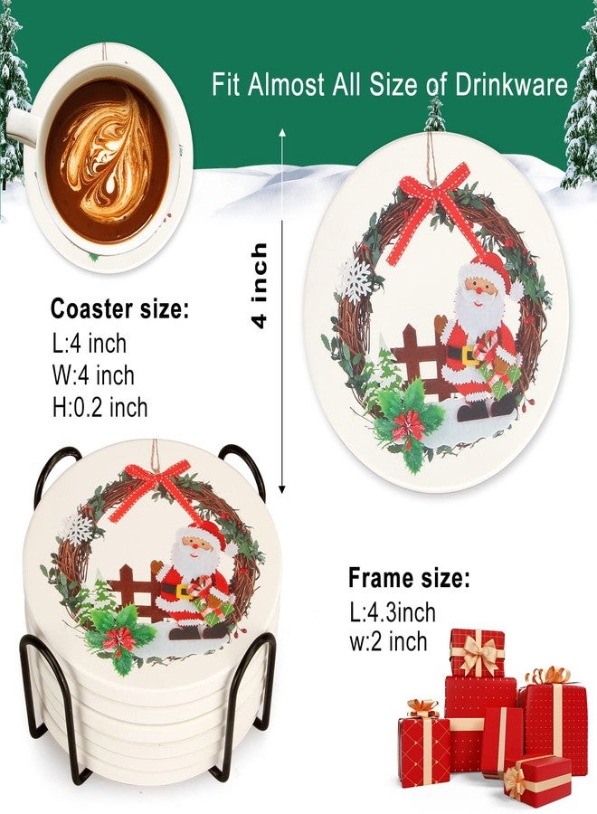 Dksyee 6 Pcs Ceramic Christmas Coasters with Holder Best Absorbent Coaster Gift Round Santa Coasters Vintage Table Coaster Set for Coffee Cup, Drink, Xmas Holiday - Image 5