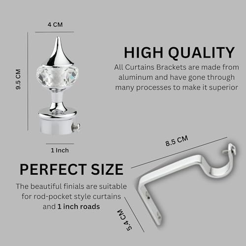 GLOXY Enterprise Aluminium Single Diamond Curtain Brackets Parda Holders with Support Fittings 1 Inch Rod Pocket Finials Designer Door and Window (Silver 2 Pair) - Image 2