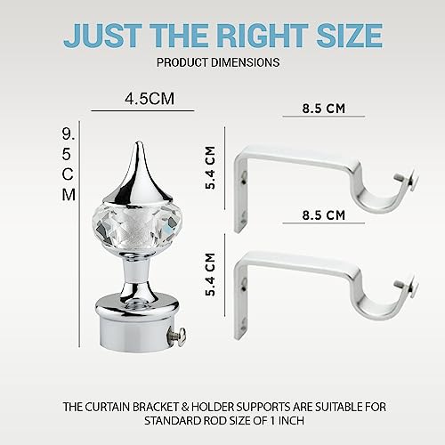 GLOXY Enterprise Aluminium Single Diamond Curtain Brackets Parda Holders with Support Fittings 1 Inch Rod Pocket Finials Designer Door and Window (Silver 2 Pair) - Image 4