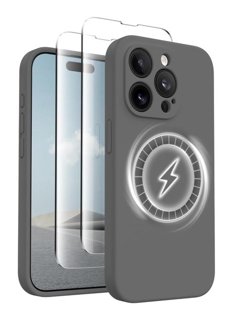 iPhone 15 Pro Max Case Silicone, Compatible with MagSafe, [Camera Protection][2X Screen Protectors] Slim Shockproof Protective Phone Case, Soft Anti-Scratch Microfiber Lining, Dark Gray