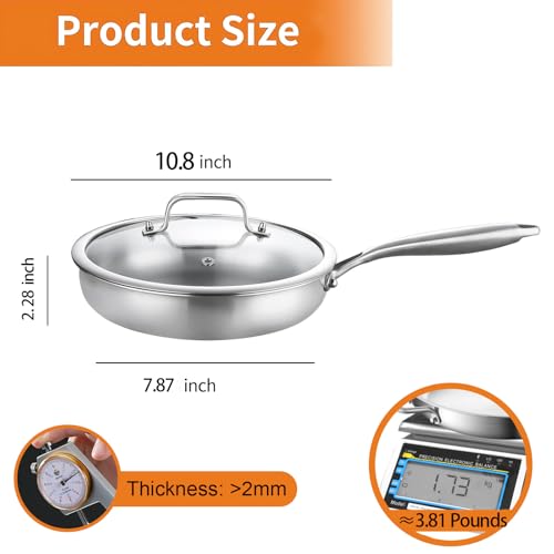 DELARLO Stainless Steel Pan丨10 Inch Skillet with Lid丨Oven Safe Up to 600℉丨Triply Stainless Steel Cookware丨Stainless Steel Pan 10 in丨Induction Compatible丨Fast Even Heat丨Large Cooking Surface - Image 3