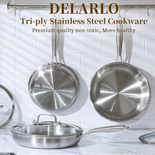 DELARLO Stainless Steel Pan丨10 Inch Skillet with Lid丨Oven Safe Up to 600℉丨Triply Stainless Steel Cookware丨Stainless Steel Pan 10 in丨Induction Compatible丨Fast Even Heat丨Large Cooking Surface - Image 4