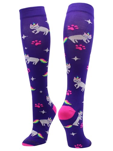 MadSportsStuff Neon Rainbow Caticorn Over the Calf Socks (Purple/Neon Pink, Small) - Image 1