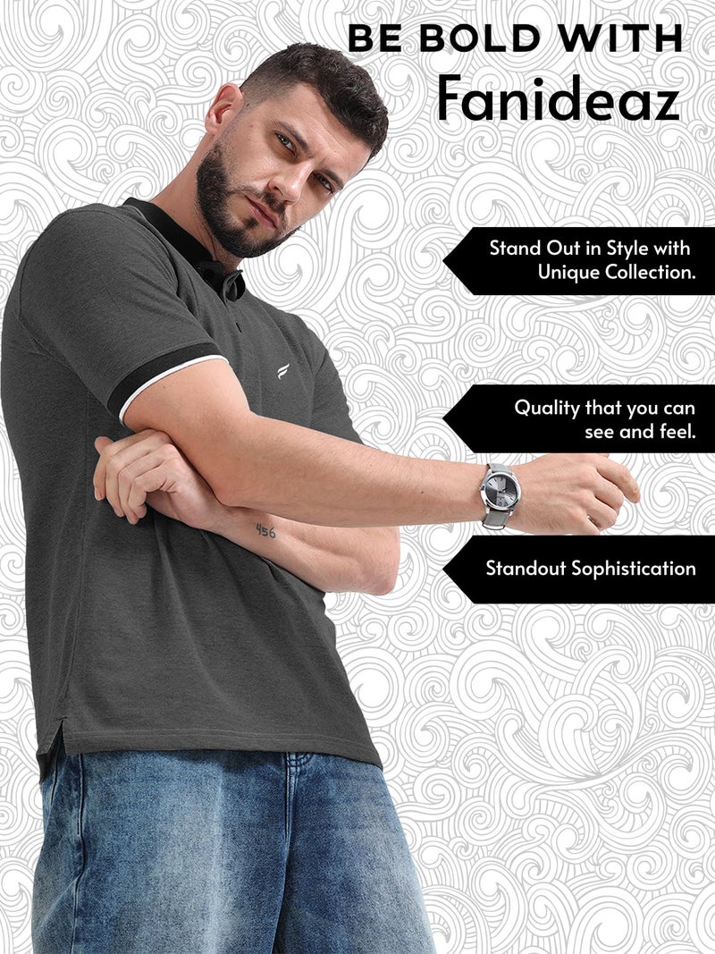 fanideaz Men’s Branded Cotton Half Sleeve Striped Polo Tshirt for Men ||Classic Textured Polo T Shirts for Men_DarkMelange_8DM_L - Image 3