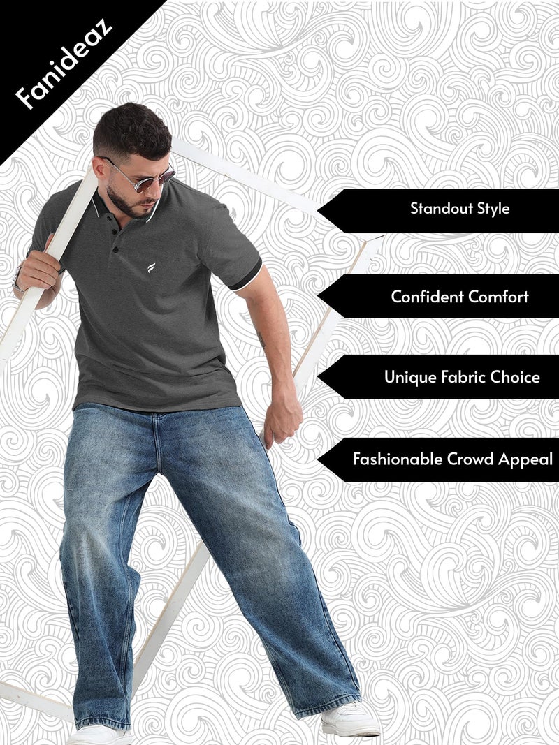 fanideaz Men’s Branded Cotton Half Sleeve Striped Polo Tshirt for Men ||Classic Textured Polo T Shirts for Men_DarkMelange_8DM_L - Image 4