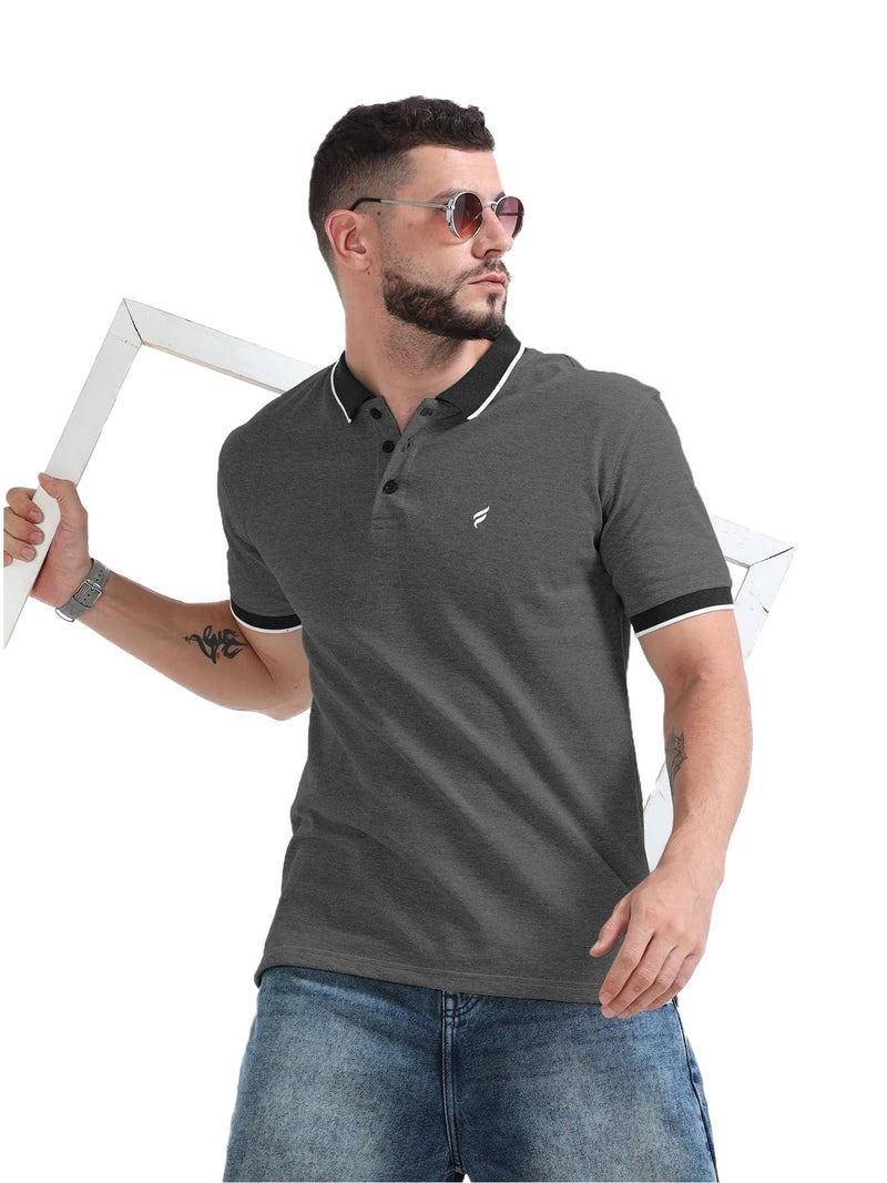 fanideaz Men’s Branded Cotton Half Sleeve Striped Polo Tshirt for Men ||Classic Textured Polo T Shirts for Men_DarkMelange_8DM_L - Image 1