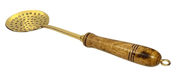 PITAL AART PITAL Art Pure Brass Frying LadleSpoon Strainer Sieve Ladle Brass Jhara with Wooden Handle 350g  - Image 2