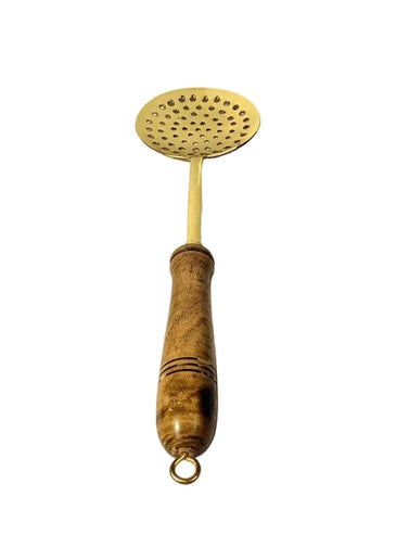 PITAL AART PITAL Art Pure Brass Frying LadleSpoon Strainer Sieve Ladle Brass Jhara with Wooden Handle 350g  - Image 4