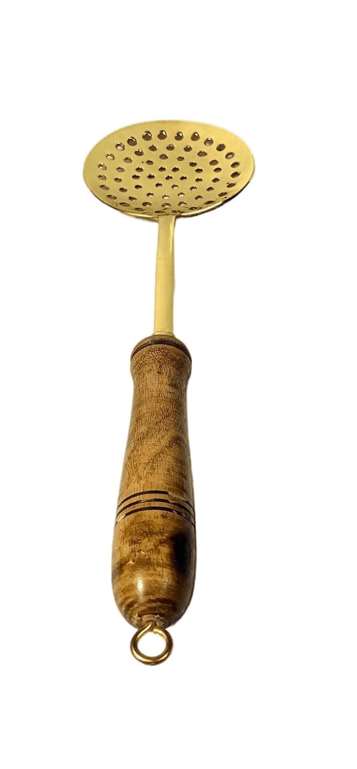 PITAL AART PITAL Art Pure Brass Frying LadleSpoon Strainer Sieve Ladle Brass Jhara with Wooden Handle 350g  - Image 4