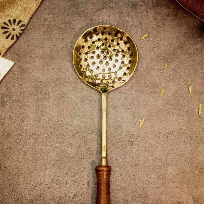 PITAL AART PITAL Art Pure Brass Frying LadleSpoon Strainer Sieve Ladle Brass Jhara with Wooden Handle 350g  - Image 5