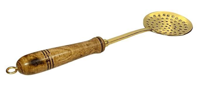 PITAL AART PITAL Art Pure Brass Frying LadleSpoon Strainer Sieve Ladle Brass Jhara with Wooden Handle 350g  - Image 1
