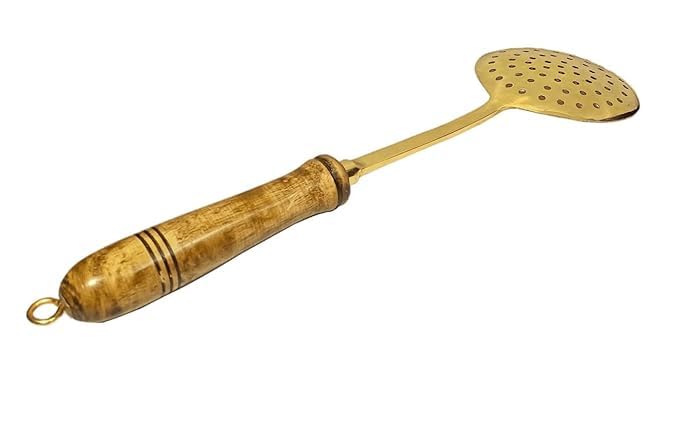 PITAL AART PITAL Art Pure Brass Frying LadleSpoon Strainer Sieve Ladle Brass Jhara with Wooden Handle 350g  - Image 3