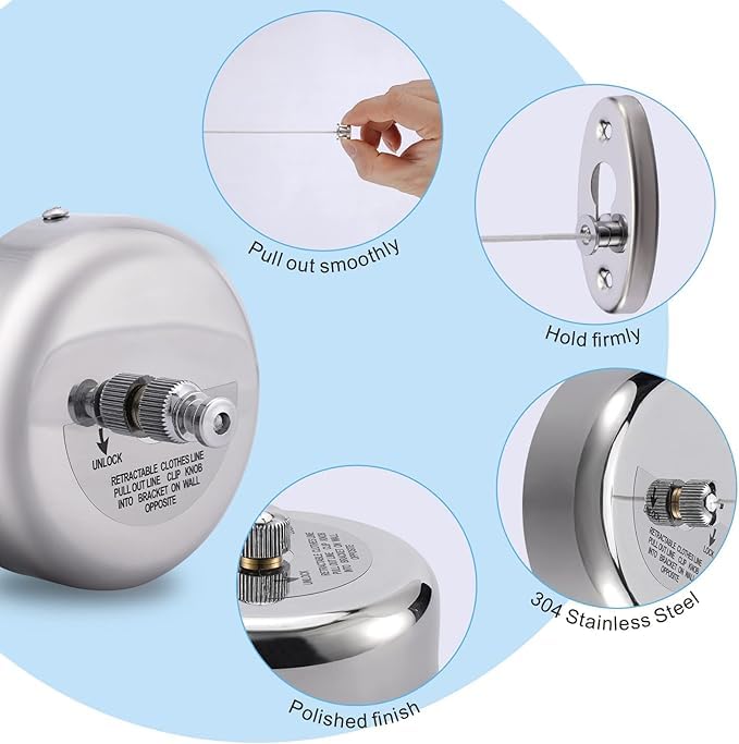 AFPINStainless Steel Retractable Clothes line Rope for Cloth Drying Cloth Drying Rope Cloth Rope Retractable Clothesline Rope for OutdoorBalconyBathroom - Image 4