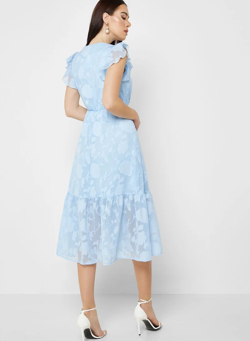 ELLA Floral Textured Frill Sleeve Dress
