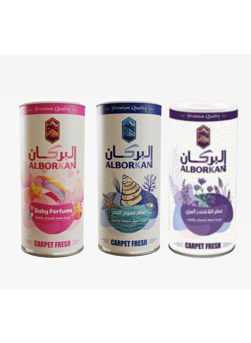 AL Borkan Refreshing Powder for Carpets, Upholstery, and Rugs in Three Different Scents: Wild Lavender, Baby Powder, and Sea Breeze. A deodorizing and refreshing powder that freshens the air, eliminates unpleasant odors, and leaves carpets with a long-lasting fragrant touch - Image 1