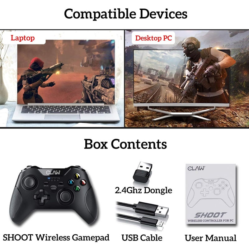 CLAW Shoot Wireless 2.4Ghz USB Gamepad Controller for PC Supports Windows XP/7/8/10 with Rubberized Textured Grip and Dual Vibration Motors (Does not have Bluetooth || Not for Mobile) - Image 5