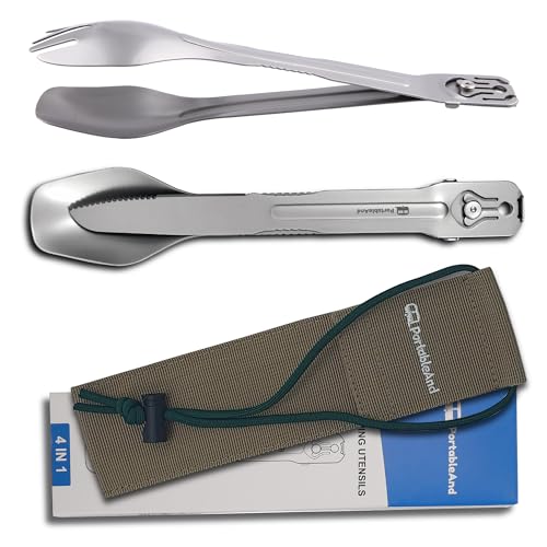 PortableAnd 4in1 Camping Utensil Set Spoon Spork Knife Tongs Stainless Steel Multi Tool for Outdoor Cooking Backpacking Hiking Picnics Lightweight Travel Utensil with Carry Bag 1Pack - Image 1