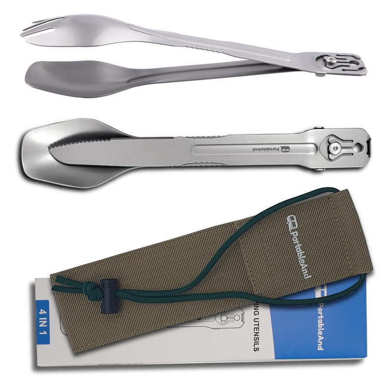 PortableAnd 4in1 Camping Utensil Set Spoon Spork Knife Tongs Stainless Steel Multi Tool for Outdoor Cooking Backpacking Hiking Picnics Lightweight Travel Utensil with Carry Bag 1Pack - Image 2