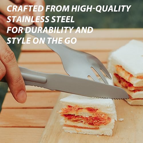 PortableAnd 4in1 Camping Utensil Set Spoon Spork Knife Tongs Stainless Steel Multi Tool for Outdoor Cooking Backpacking Hiking Picnics Lightweight Travel Utensil with Carry Bag 1Pack - Image 3
