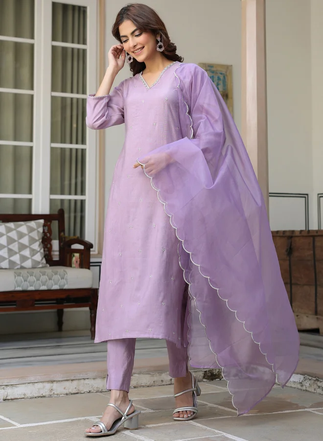Janasya Janasya Embellished Straight Kurta and Trousers with Dupatta Set