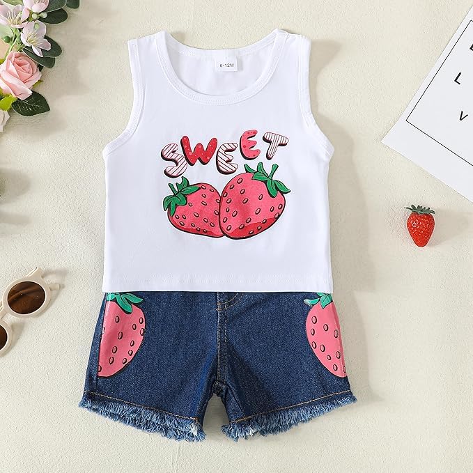 Mikrdoo 2 Years Old Baby Girl Clothes Tank Top Denim Short Set Spring Summer Outfits Baby Girls' Clothing for Toddler 2-3T, Strawberry - Image 2