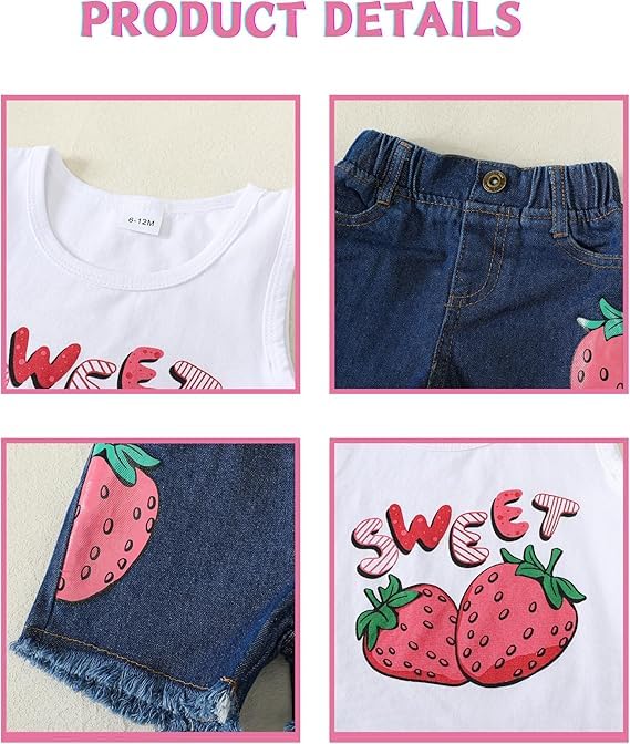 Mikrdoo 2 Years Old Baby Girl Clothes Tank Top Denim Short Set Spring Summer Outfits Baby Girls' Clothing for Toddler 2-3T, Strawberry - Image 4