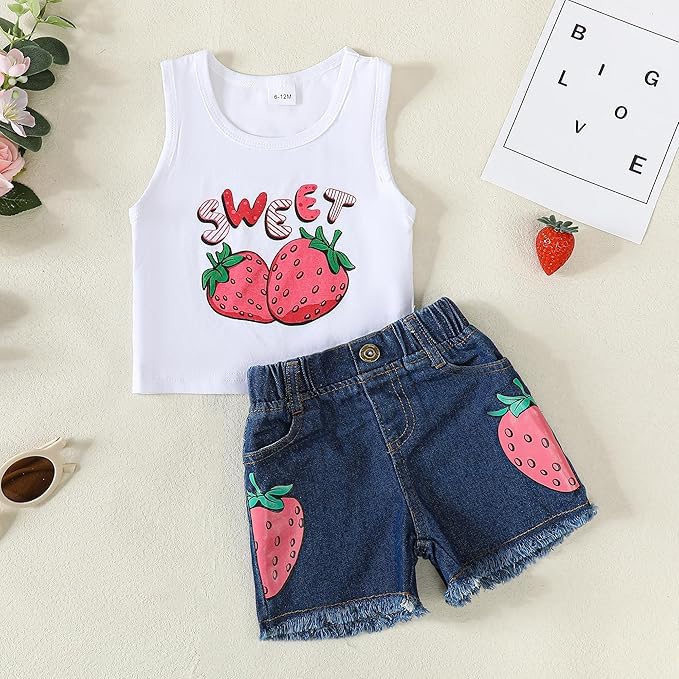 Mikrdoo 2 Years Old Baby Girl Clothes Tank Top Denim Short Set Spring Summer Outfits Baby Girls' Clothing for Toddler 2-3T, Strawberry - Image 3