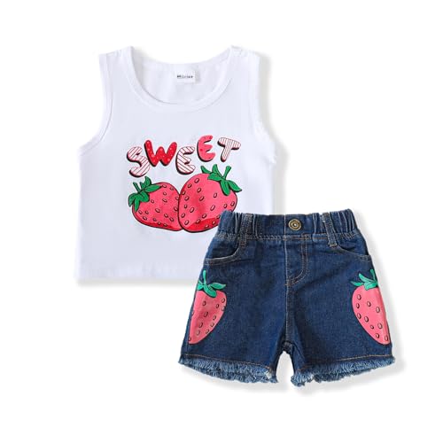 Mikrdoo 2 Years Old Baby Girl Clothes Tank Top Denim Short Set Spring Summer Outfits Baby Girls' Clothing for Toddler 2-3T, Strawberry - Image 1