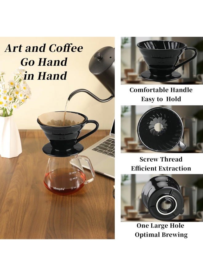 Mongdio V60 Ceramic Pour Over Coffee Dripper, Reusable Porcelain Portable Pour Over Coffee Maker, Slow Brewing Accessories with 1 Holes for Home - Size 02 Black - Image 2