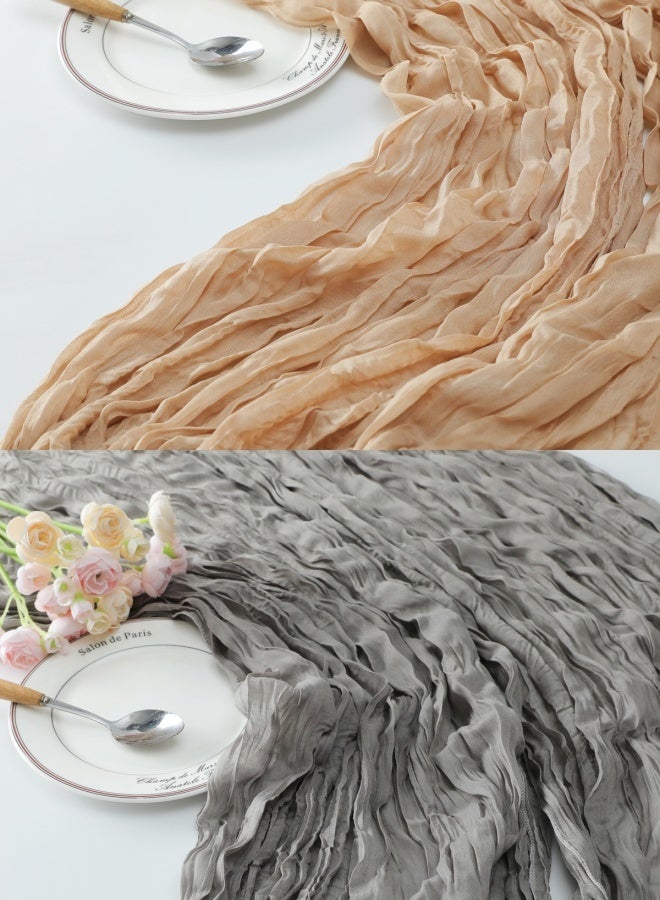 SUCITY 2PCS Table Runner 300*90cm Boho Table Decor Table Runner Rustic Sheer forWedding Baby Shower Birthday Party Cake Table Centerpieces Rustic Sheer Table Khaki and gray - Image 1