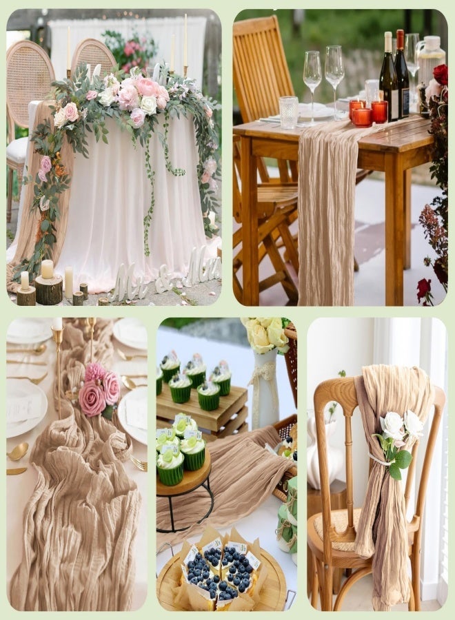 SUCITY 2PCS Table Runner 300*90cm Boho Table Decor Table Runner Rustic Sheer forWedding Baby Shower Birthday Party Cake Table Centerpieces Rustic Sheer Table Khaki and gray - Image 2
