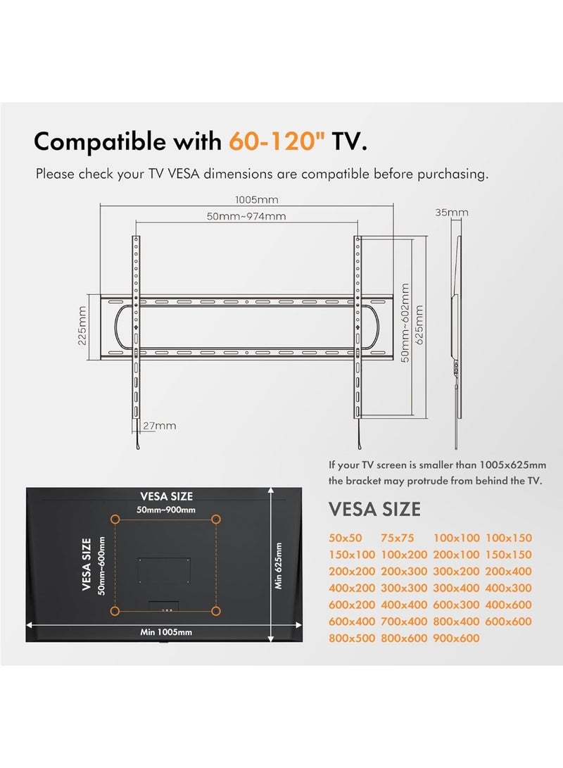 حامل حائط رفيع للغاية لتلفزيونات 60–100 بوصة – تثبيت مسطح مع ميزان استواء، يتحمل حتى 100 كجم، فيسا حتى 900×600 مم - Image 3