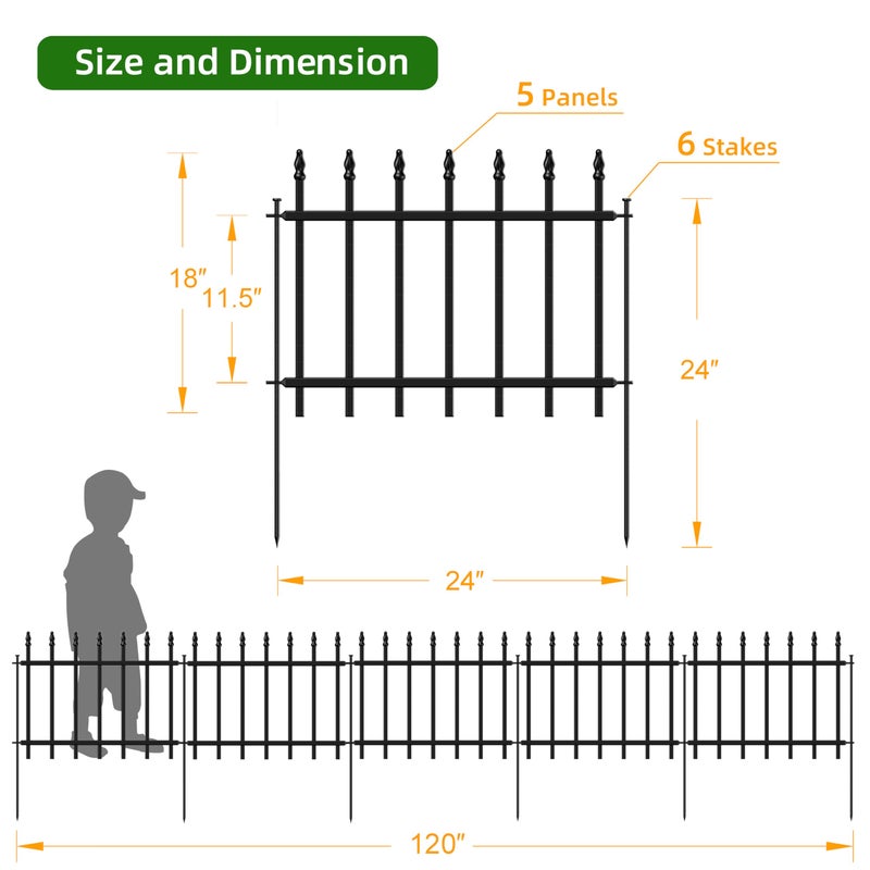 FOREHOGAR Decorative Metal Garden Fence 18 in H x 10 ft L, Small Border Roman Column Deco, Barrier Fencing for Yard Flower Bed Lawn Landscape Outdoor, 5 Panels + 6 Stakes Black - Image 4