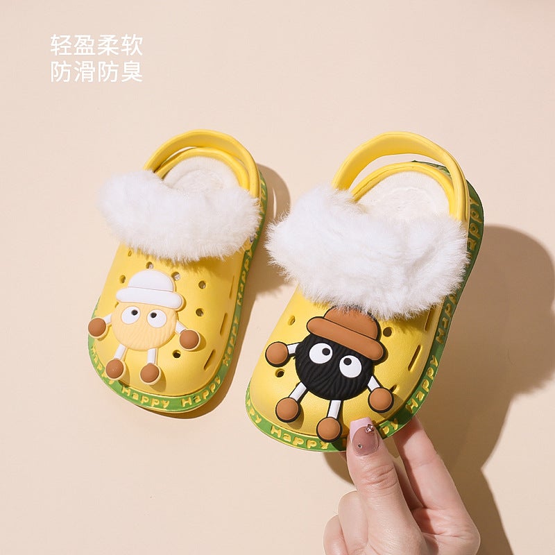Fleece-Lined Cotton Slippers Men'S And Women'S Cartoon Bag With Warm Winter Indoor Non-Slip Children'S Hole Shoes - Image 3