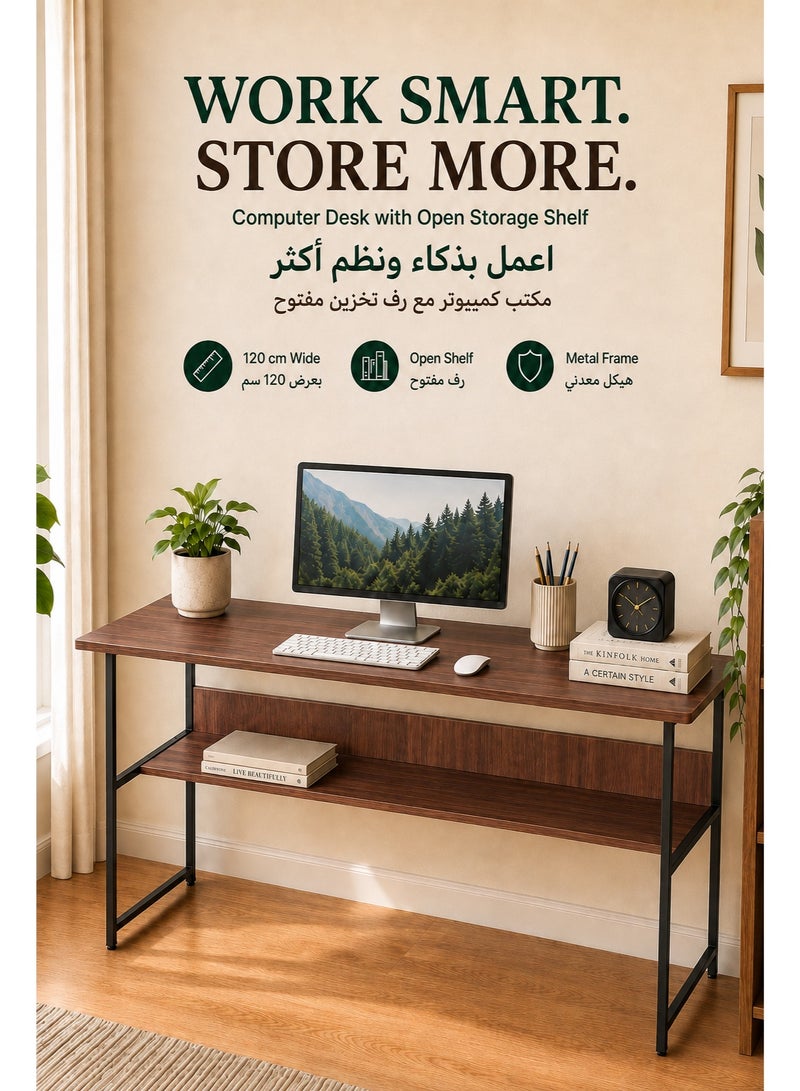 XiuWoo Computer desk with hutch and bookshelf home office desk with space saving design, metal legs table desk with upper storage shelves for study writing and workstation, easy assemble 120x45x72cm - Image 1