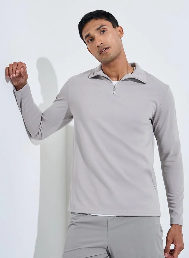 Styli Men Grey Textured Quarter Zip Sweatshirt