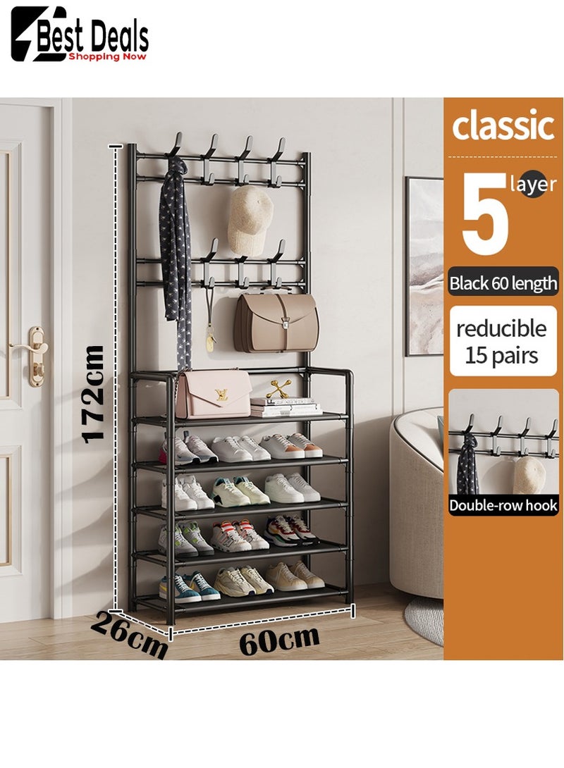 افضل العروض غرفة نوم ، غرفة معيشة ، باب مدخل ، ممر ، غرفة تأجير ، رف قبعة أحذية من 5 طبقات ، رف أحذية ، مع 8 خطافات ، تحتاج إلى تجميع ، مع خطافات لتعليق الملابس والقبعات-رف أحذية تخزين 5 طبقات - Image 1