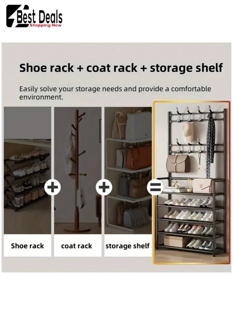 افضل العروض غرفة نوم ، غرفة معيشة ، باب مدخل ، ممر ، غرفة تأجير ، رف قبعة أحذية من 5 طبقات ، رف أحذية ، مع 8 خطافات ، تحتاج إلى تجميع ، مع خطافات لتعليق الملابس والقبعات-رف أحذية تخزين 5 طبقات - Image 3