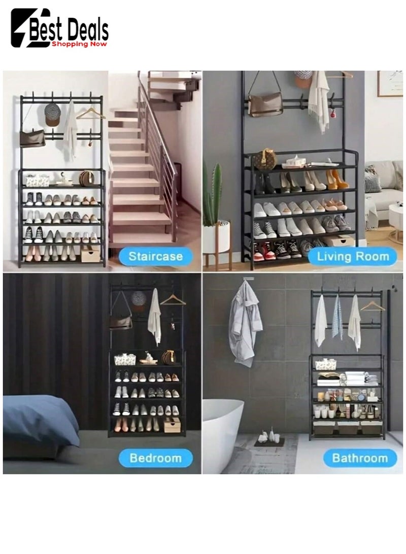 افضل العروض غرفة نوم ، غرفة معيشة ، باب مدخل ، ممر ، غرفة تأجير ، رف قبعة أحذية من 5 طبقات ، رف أحذية ، مع 8 خطافات ، تحتاج إلى تجميع ، مع خطافات لتعليق الملابس والقبعات-رف أحذية تخزين 5 طبقات - Image 4
