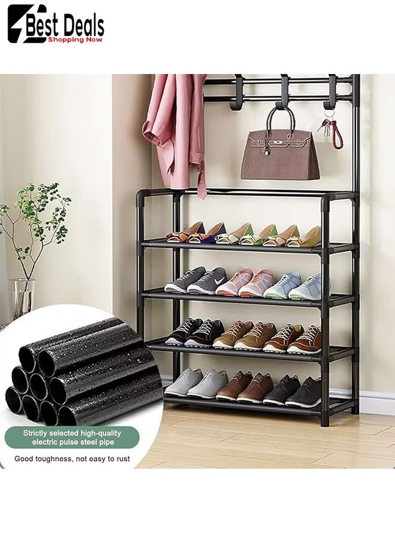 افضل العروض غرفة نوم ، غرفة معيشة ، باب مدخل ، ممر ، غرفة تأجير ، رف قبعة أحذية من 5 طبقات ، رف أحذية ، مع 8 خطافات ، تحتاج إلى تجميع ، مع خطافات لتعليق الملابس والقبعات-رف أحذية تخزين 5 طبقات - Image 2
