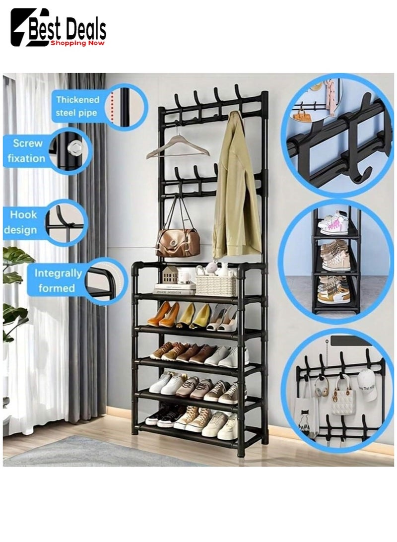 افضل العروض غرفة نوم ، غرفة معيشة ، باب مدخل ، ممر ، غرفة تأجير ، رف قبعة أحذية من 5 طبقات ، رف أحذية ، مع 8 خطافات ، تحتاج إلى تجميع ، مع خطافات لتعليق الملابس والقبعات-رف أحذية تخزين 5 طبقات - Image 5